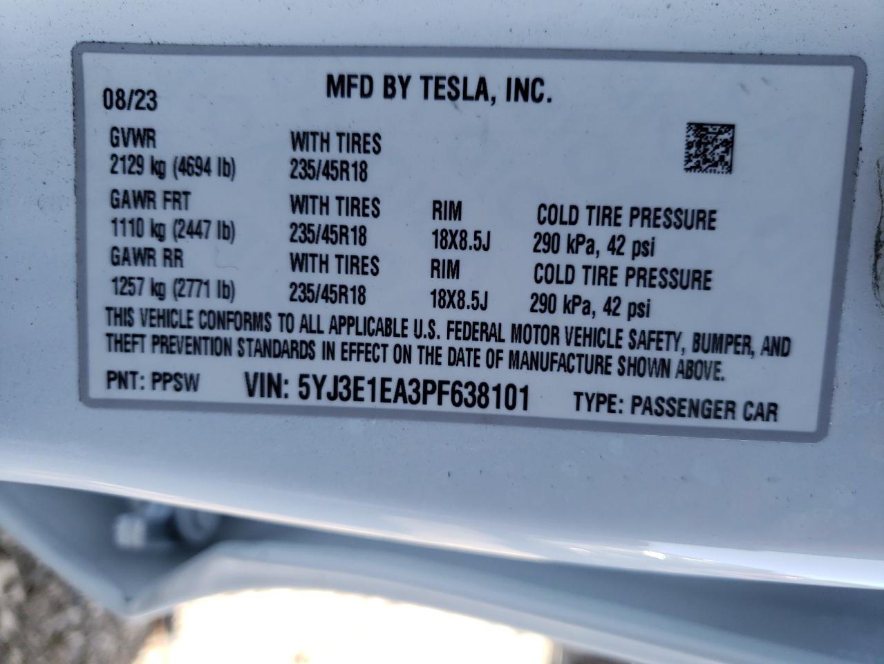 2023 TESLA MODEL 3 VIN:5YJ3E1EA3PF638101