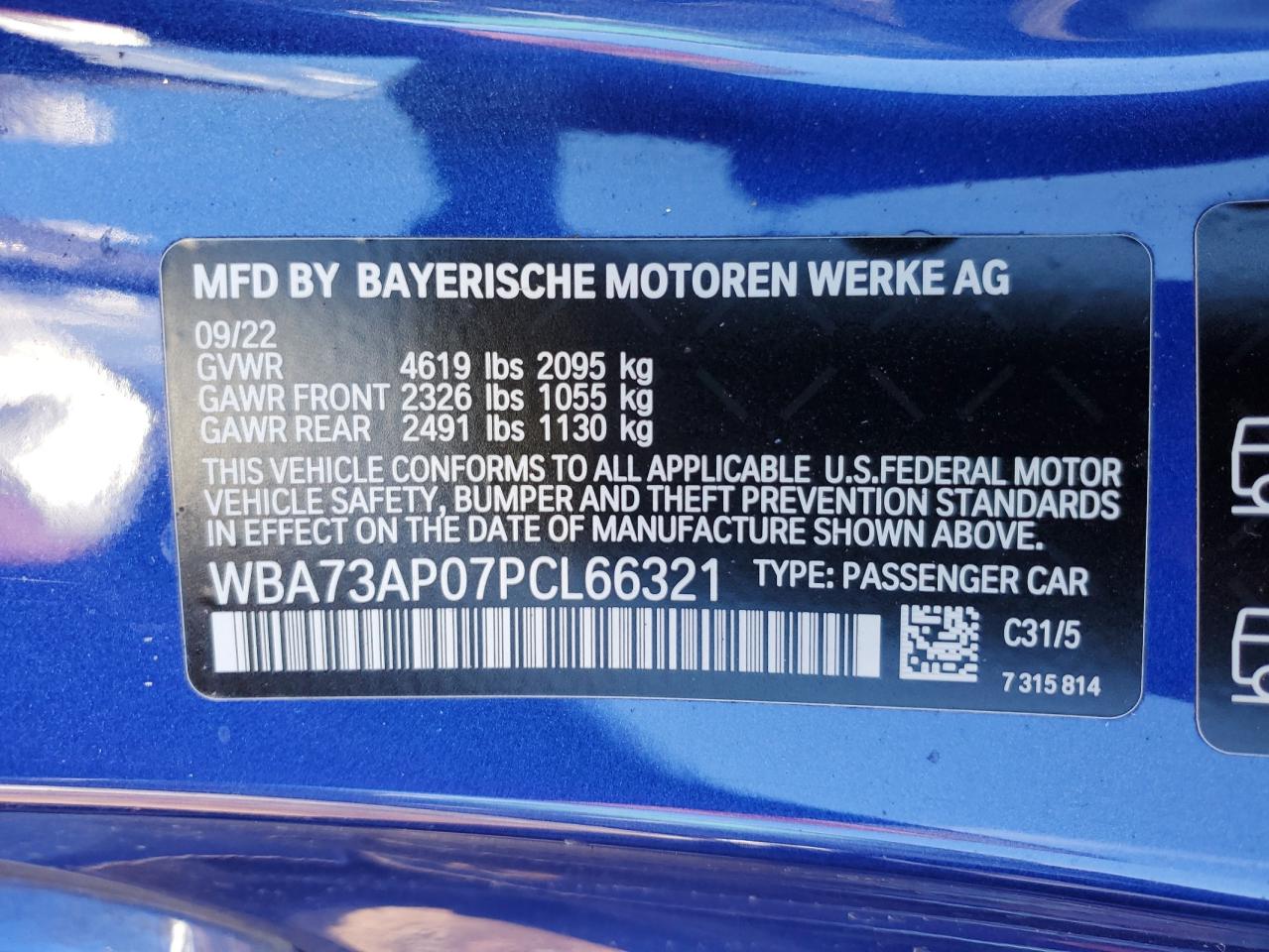 2023 BMW 430XI VIN:WBA73AP07PCL66321