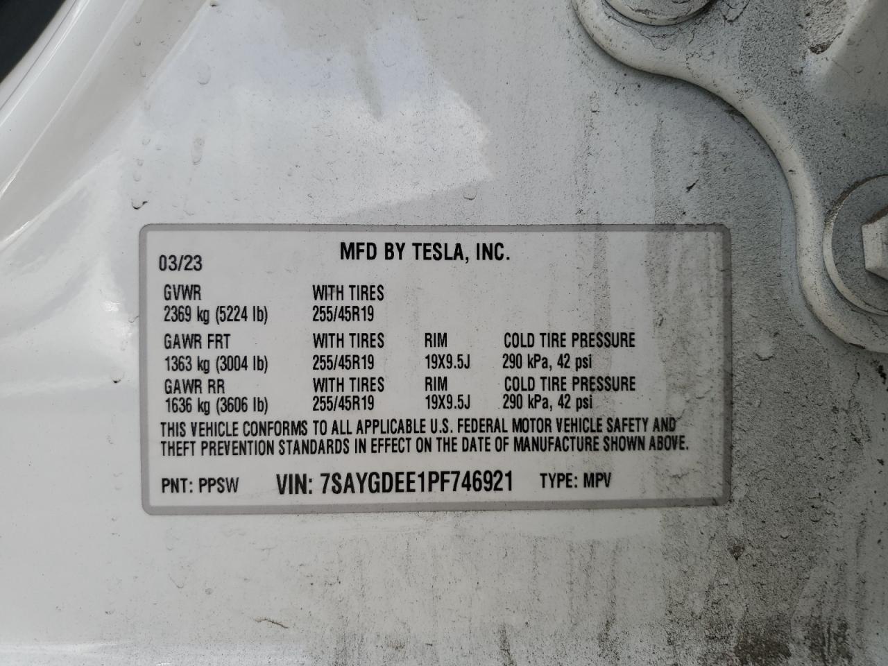 2023 TESLA MODEL Y VIN:7SAYGDEE1PF746921