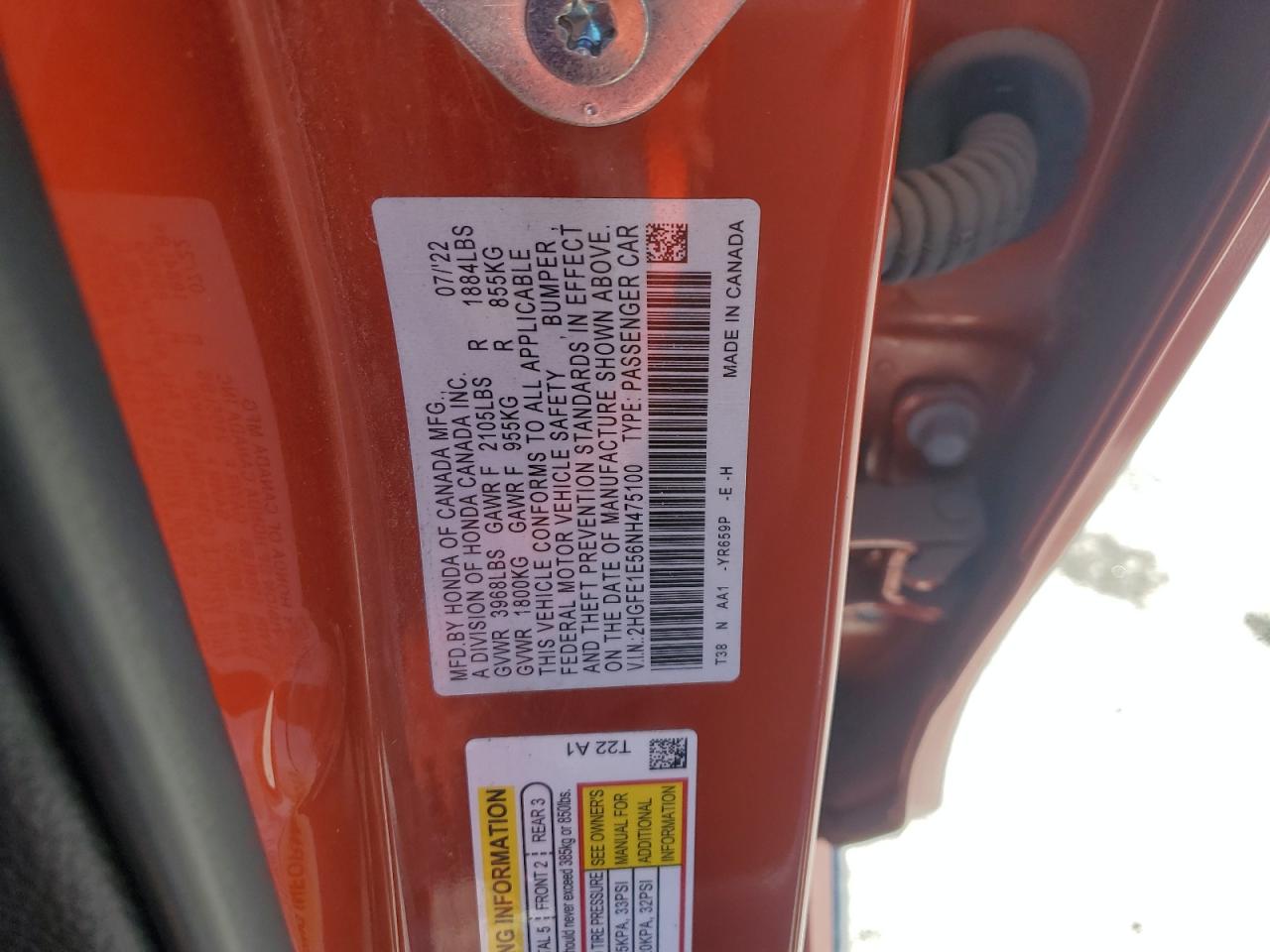 2022 HONDA CIVIC SI VIN:2HGFE1E56NH475100