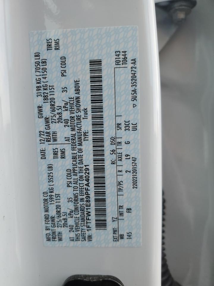 2023 FORD F150 SUPERCREW VIN:1FTFW1E89PFA40291