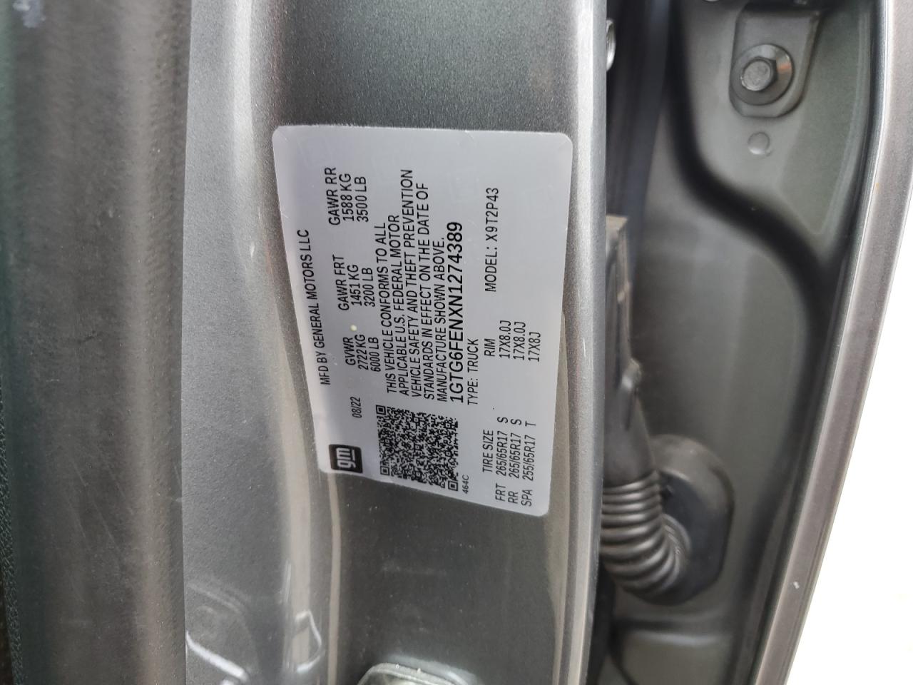 2022 GMC CANYON AT4 VIN:1GTG6FENXN1274389