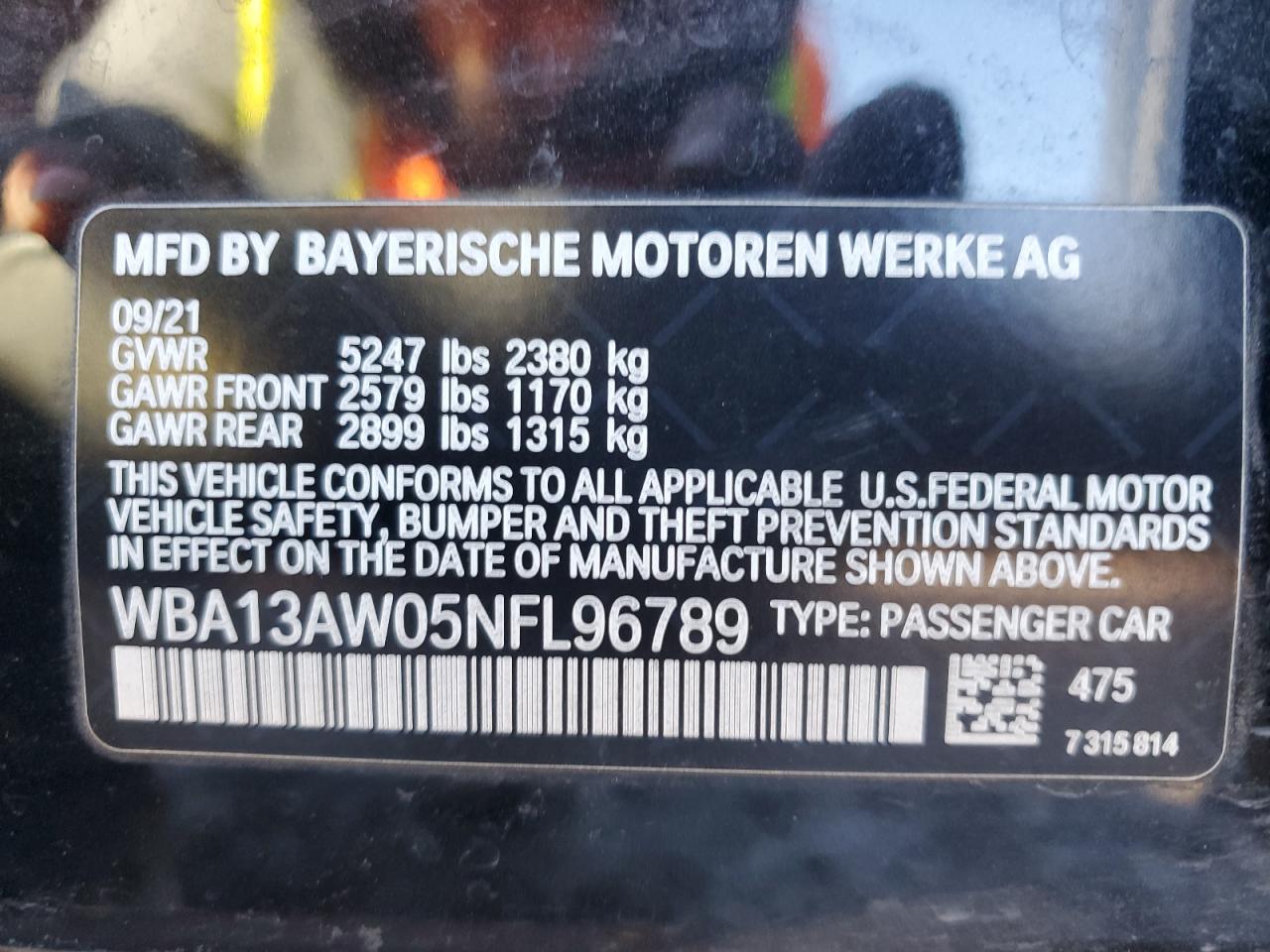 2022 BMW M440XI GRAN COUPE VIN:WBA13AW05NFL96789