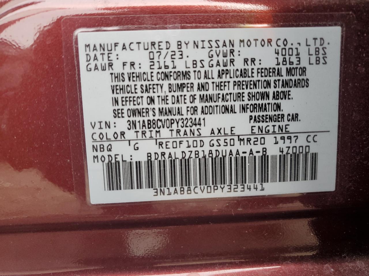 2023 NISSAN SENTRA SV VIN:3N1AB8CV0PY323441