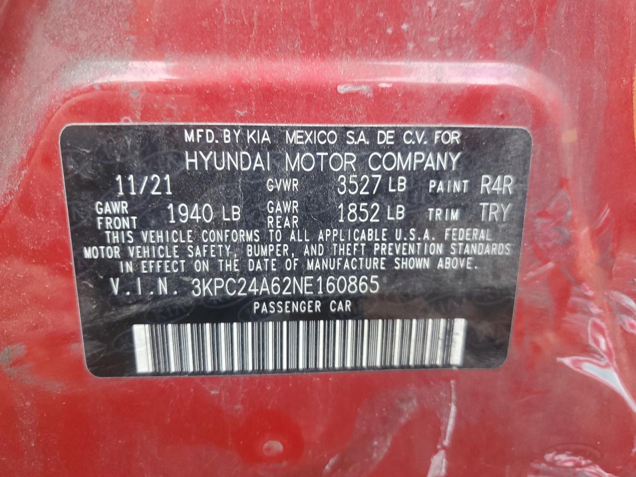 2022 HYUNDAI ACCENT SE VIN:3KPC24A62NE160865