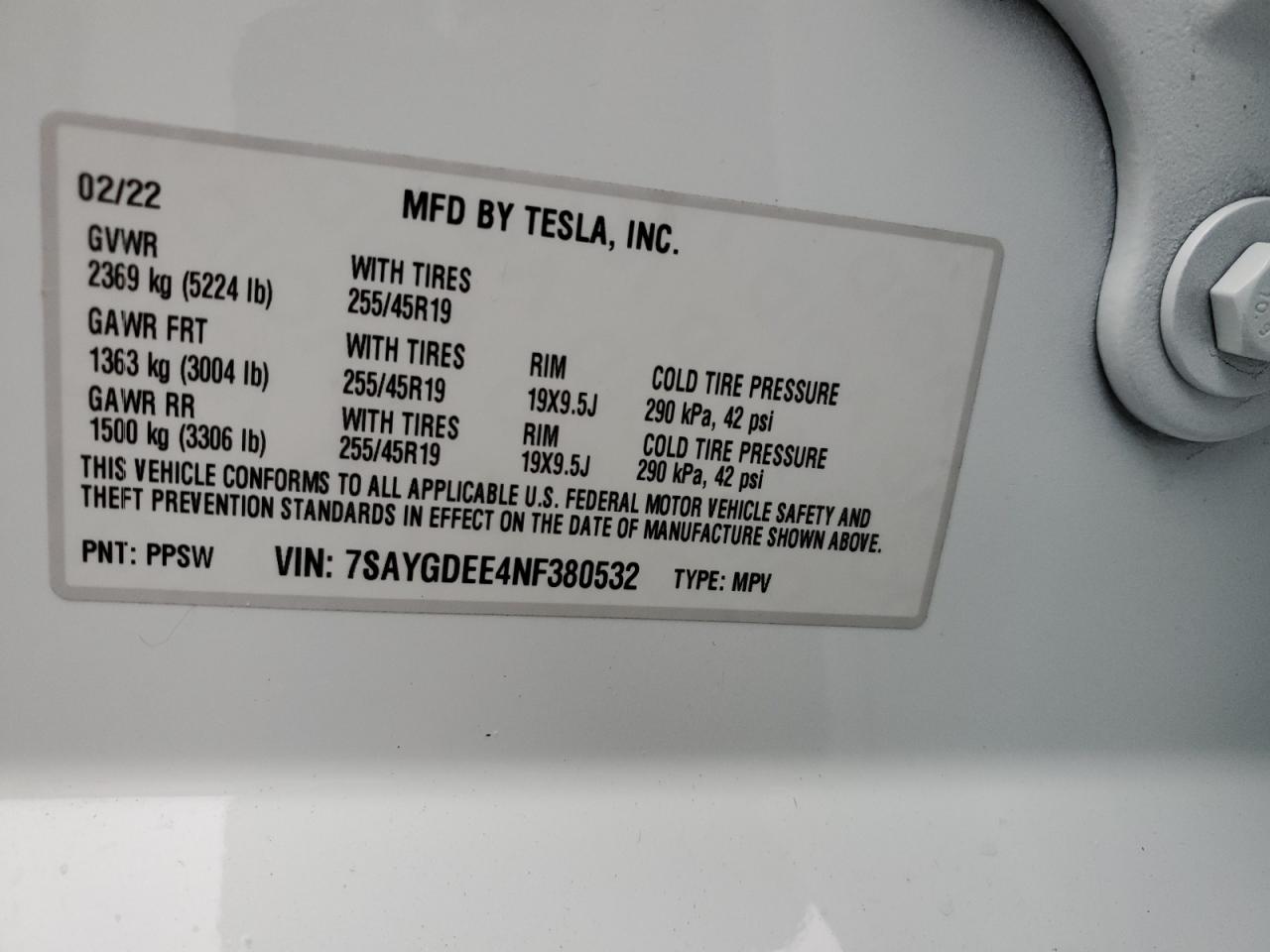 2022 TESLA MODEL Y VIN:7SAYGDEE4NF380532
