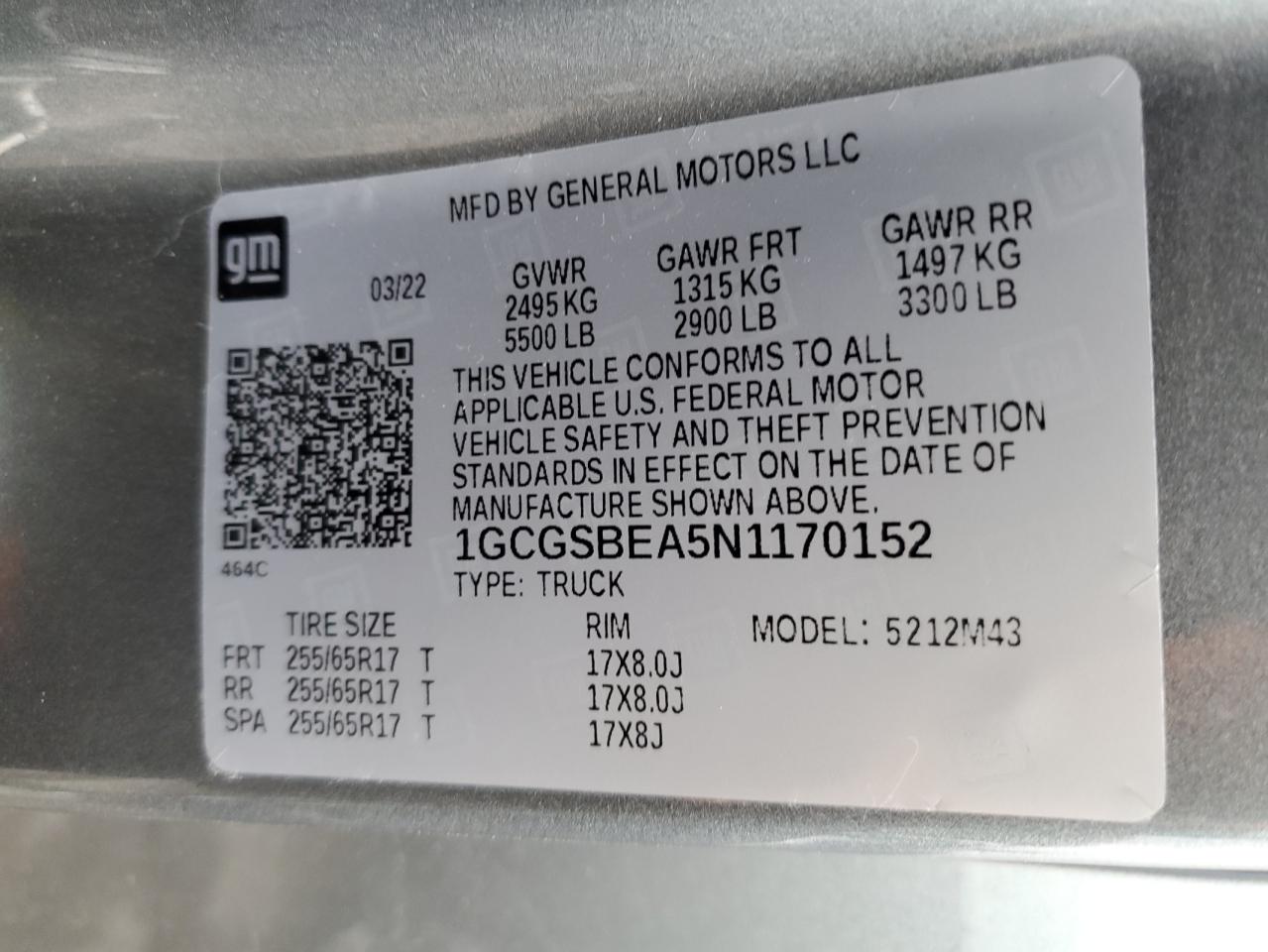 2022 CHEVROLET COLORADO VIN:1GCGSBEA5N1170152