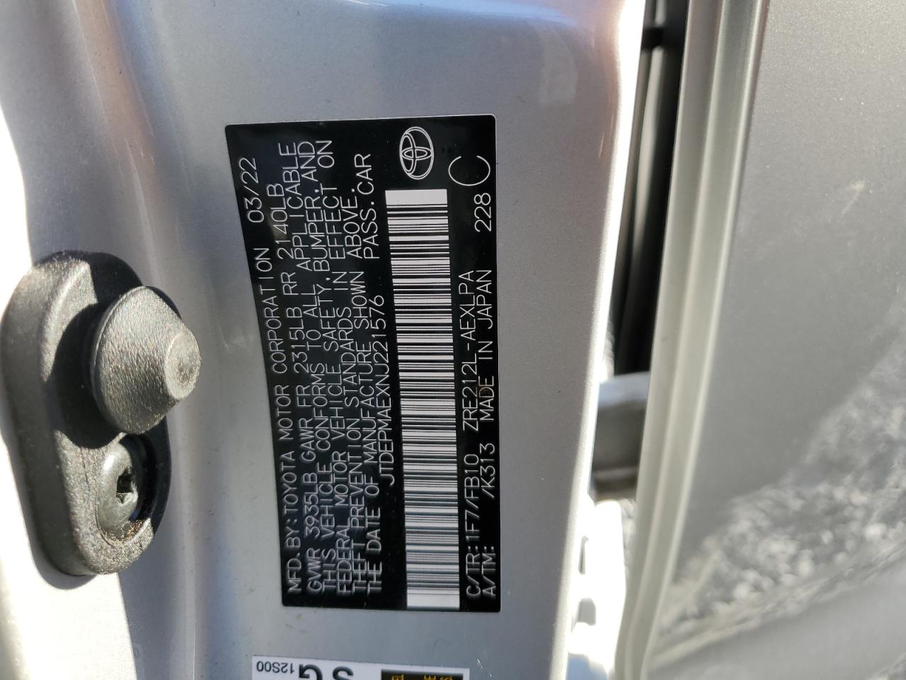 2022 TOYOTA COROLLA LE VIN:JTDEPMAEXNJ221576