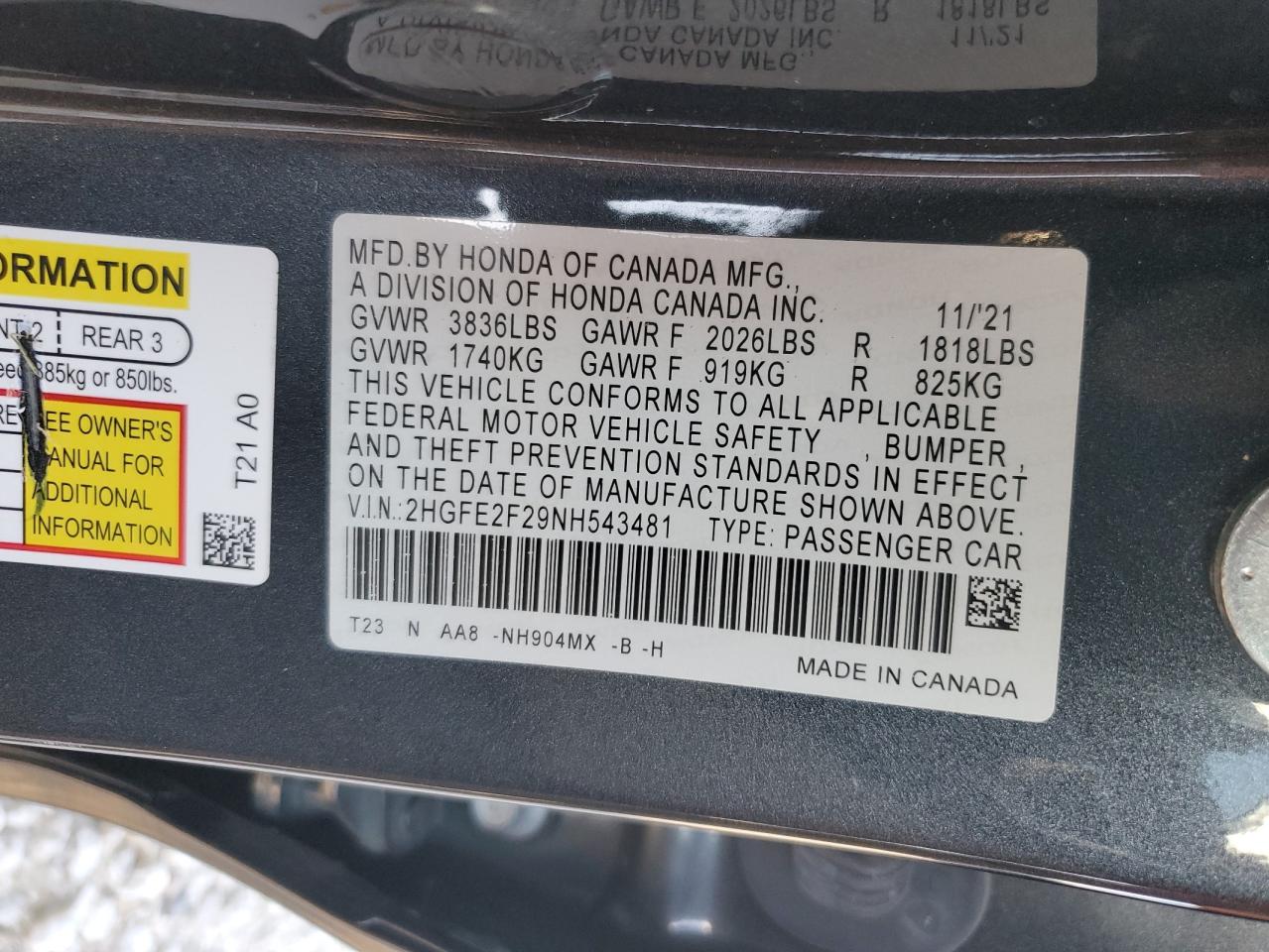 2022 HONDA CIVIC LX VIN:2HGFE2F29NH543481