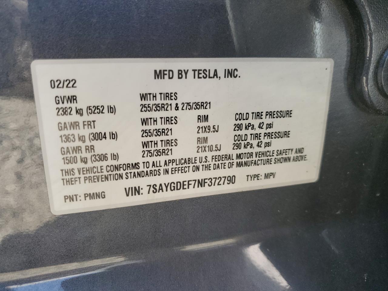 2022 TESLA MODEL Y VIN:7SAYGDEF7NF372790