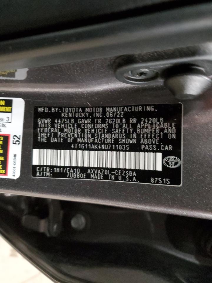 2022 TOYOTA CAMRY SE VIN:4T1G11AK4NU711035