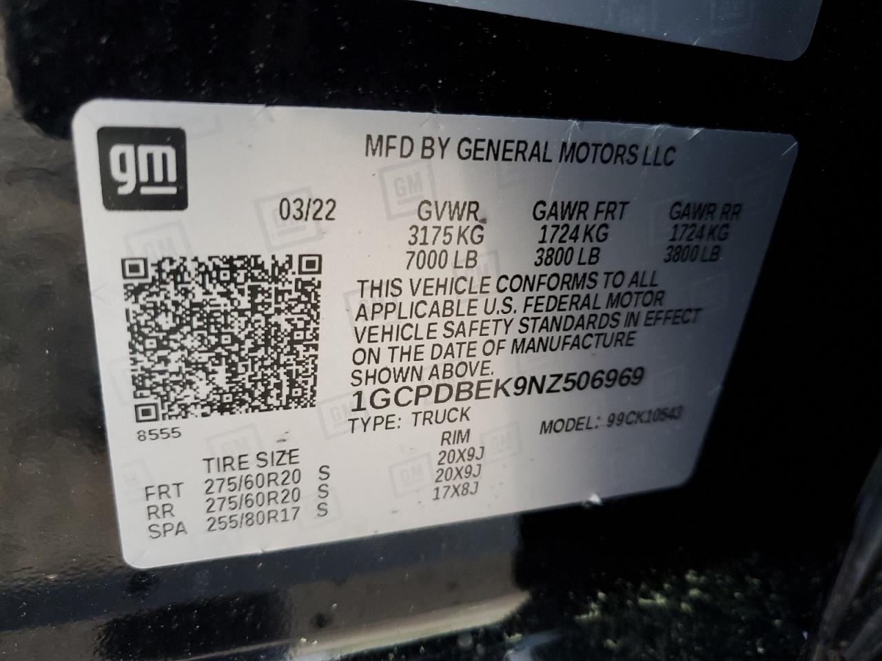 2022 CHEVROLET SILVERADO K1500 CUSTOM VIN:1GCPDBEK9NZ506969