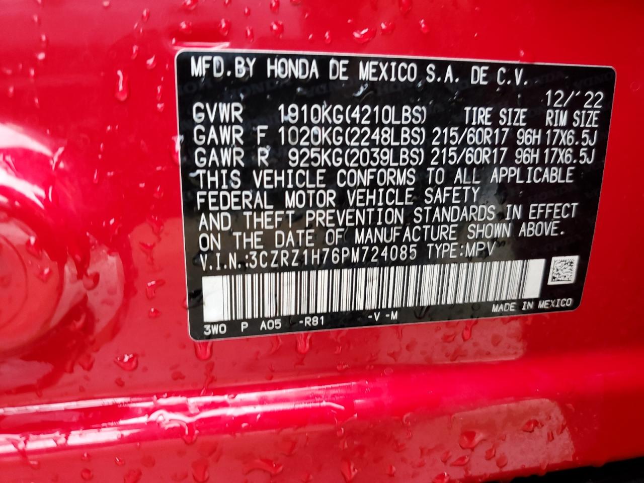 2023 HONDA HR-V EXL VIN:3CZRZ1H76PM724085