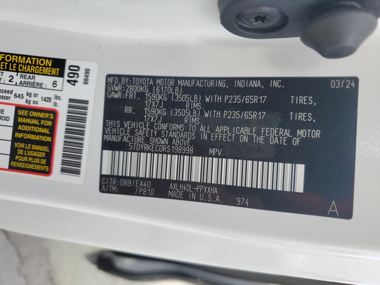 2024 TOYOTA SIENNA XLE VIN:5TDYRKEC0RS198998