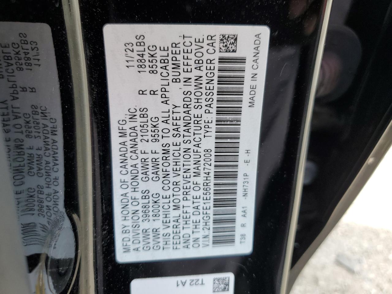 2024 HONDA CIVIC SI VIN:2HGFE1E56RH472008