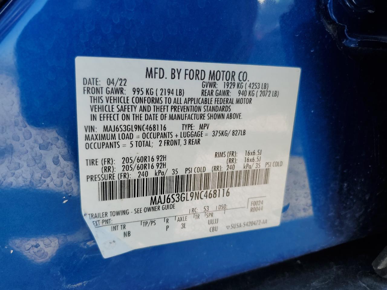 2022 FORD ECOSPORT SE VIN:MAJ6S3GL9NC468116