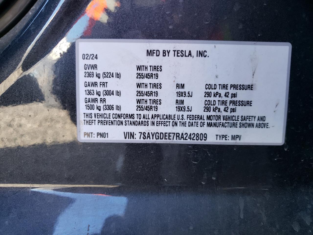 2024 TESLA MODEL Y VIN:7SAYGDEE7RA242809