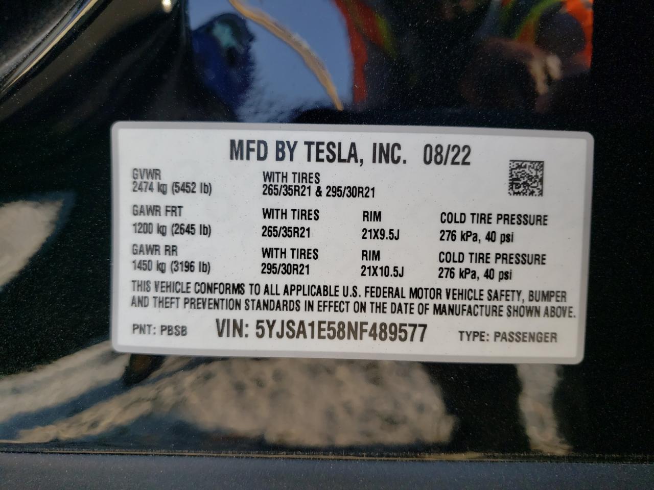 2022 TESLA MODEL S VIN:5YJSA1E58NF489577