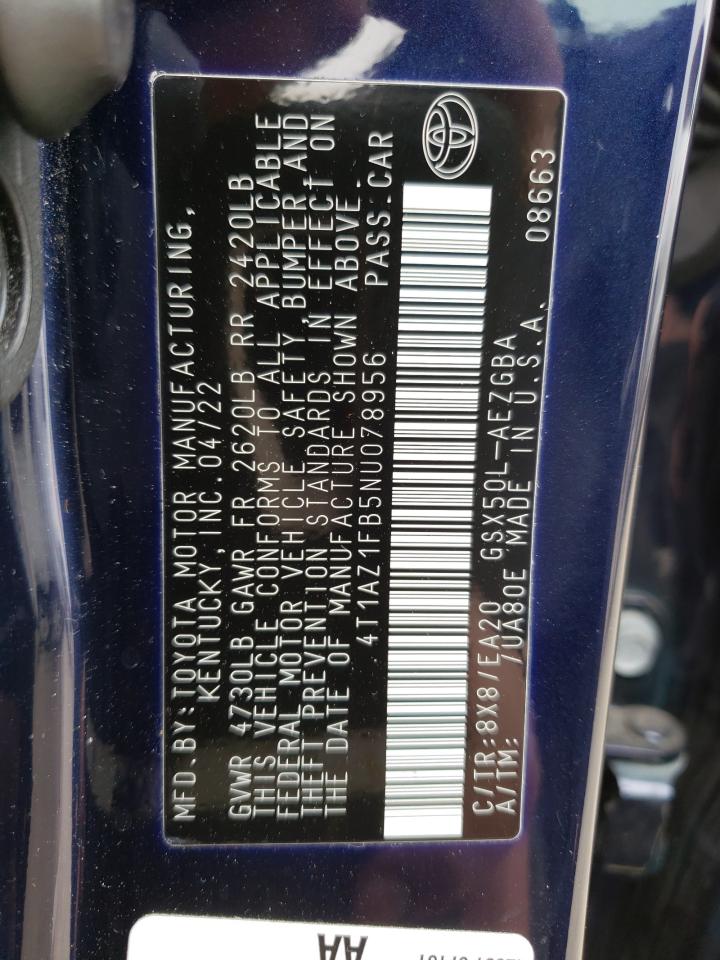 2022 TOYOTA AVALON XLE VIN:4T1AZ1FB5NU078956