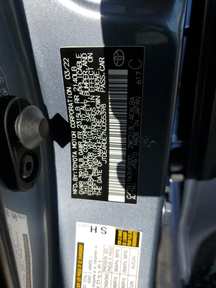 2022 TOYOTA COROLLA LE VIN:JTDEAMDE7NJ055398