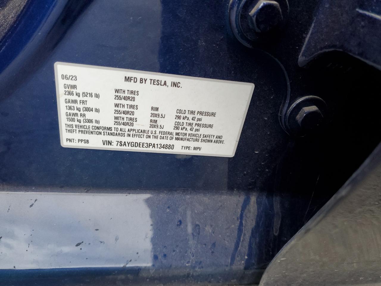 2023 TESLA MODEL Y VIN:7SAYGDEE3PA134880