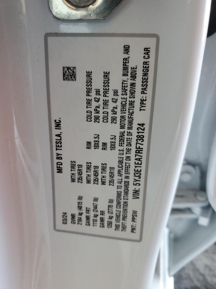 2024 TESLA MODEL 3 VIN:5YJ3E1EA7RF738124