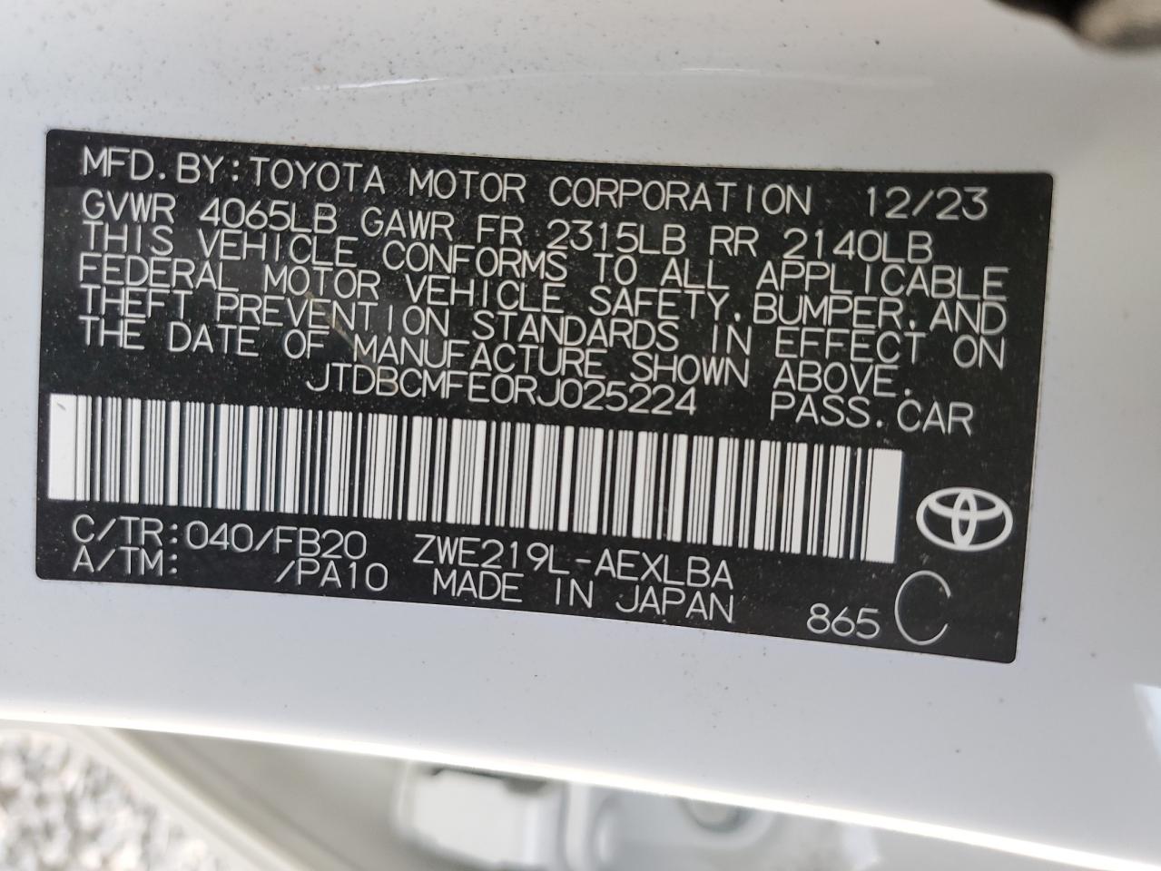 2024 TOYOTA COROLLA LE VIN:JTDBCMFE0RJ025224
