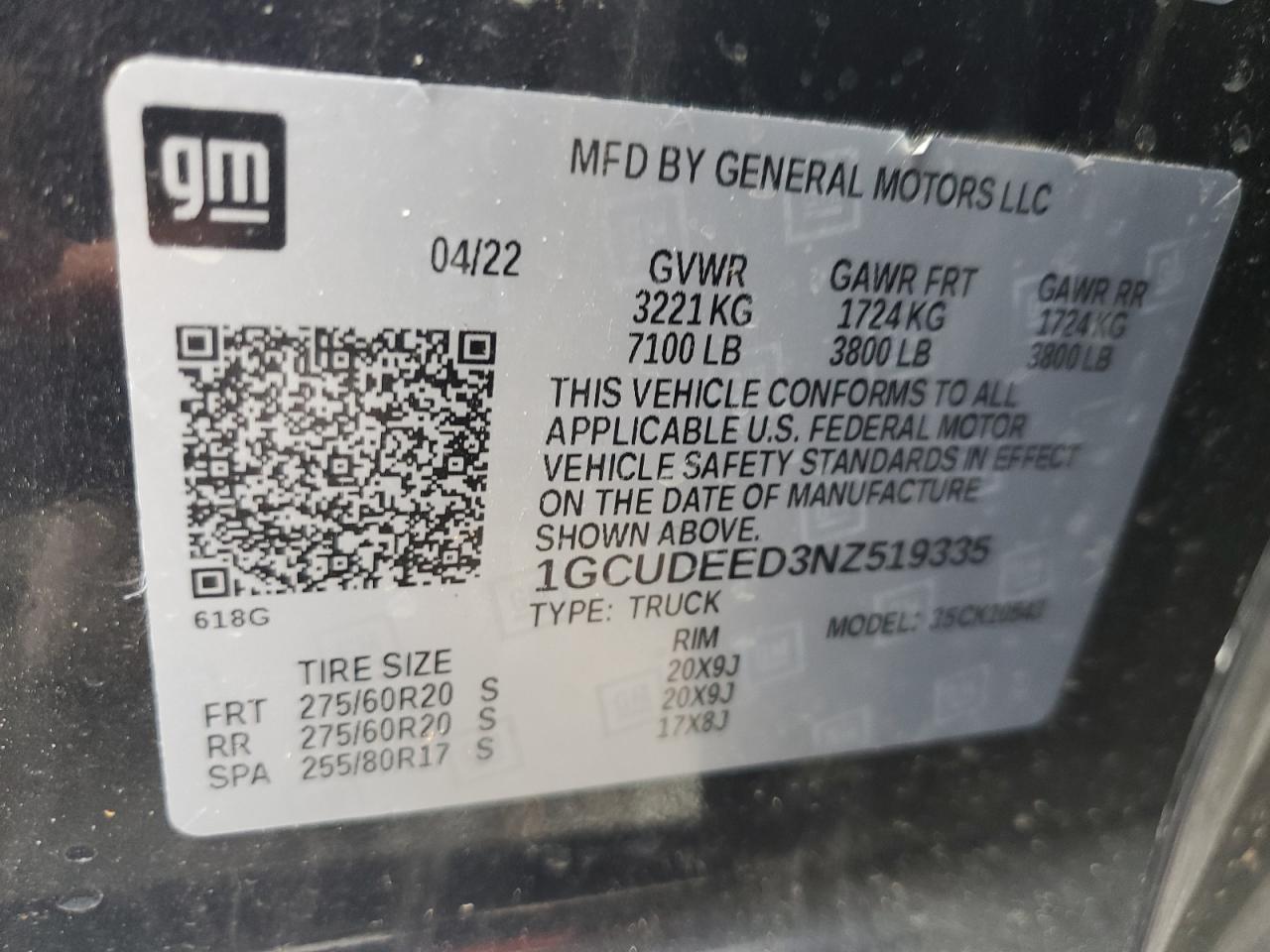 2022 CHEVROLET SILVERADO K1500 RST VIN:1GCUDEED3NZ519335