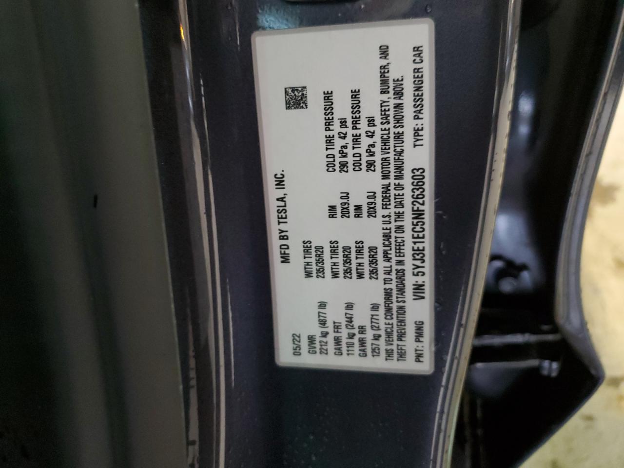 2022 TESLA MODEL 3 VIN:5YJ3E1EC5NF263603