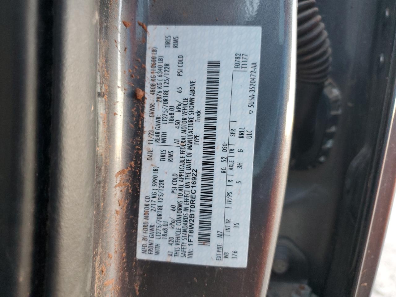 2024 FORD F250 SUPER DUTY VIN:1FT8W2BT0REC16922