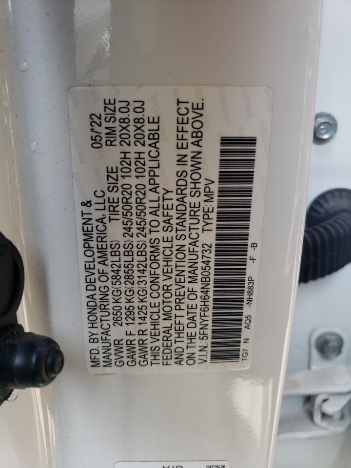 2022 HONDA PILOT TOURING VIN:5FNYF6H64NB054732