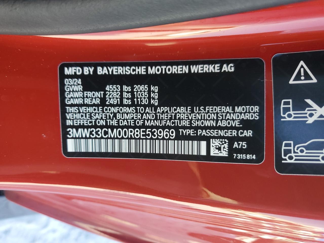 2024 BMW 230XI VIN:3MW33CM00R8E53969