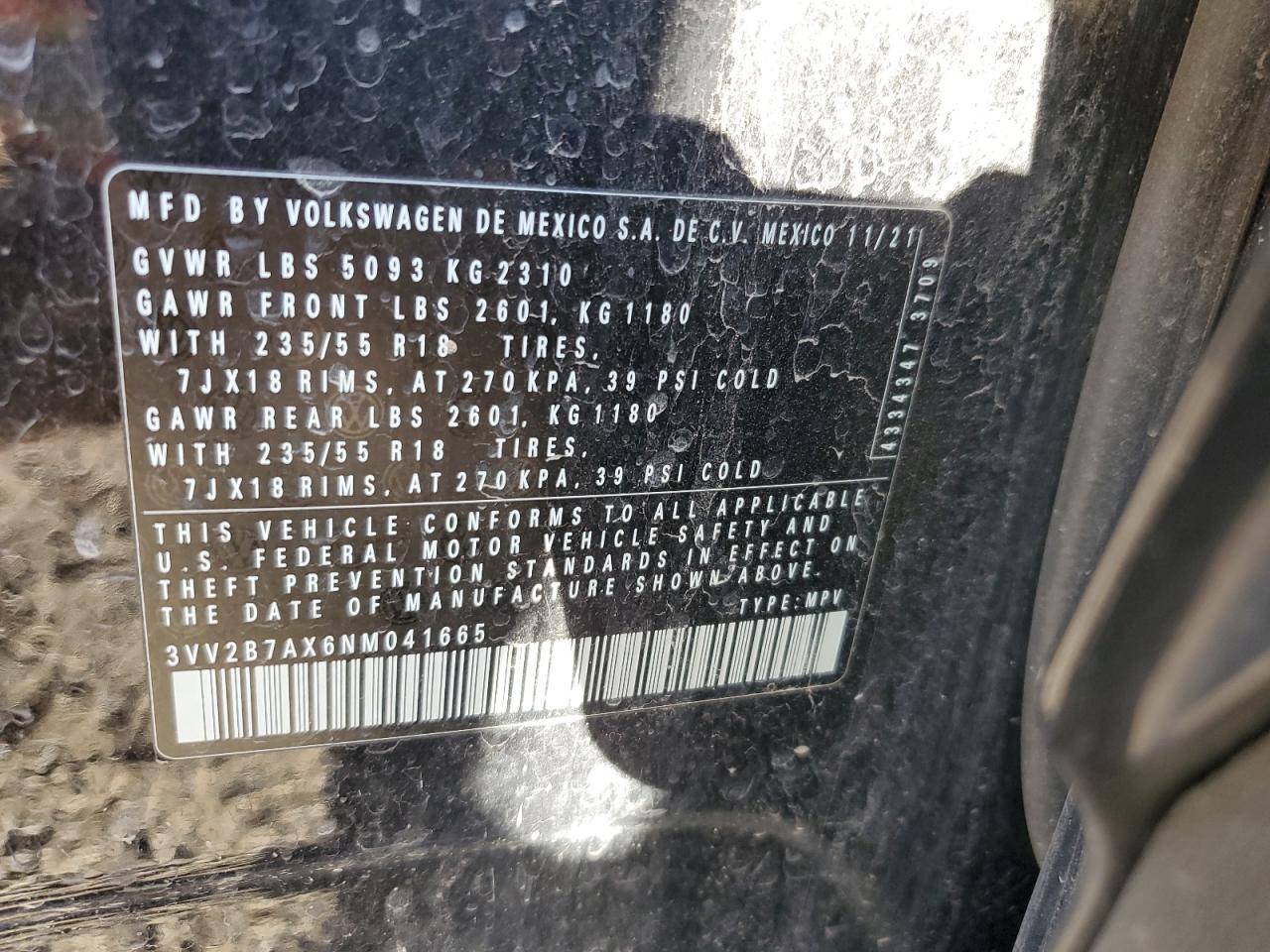 2022 VOLKSWAGEN TIGUAN SE VIN:3VV2B7AX6NM041665