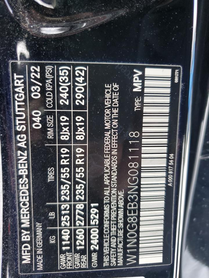 2022 MERCEDES-BENZ GLC 300 4MATIC VIN:W1N0G8EB3NG081118