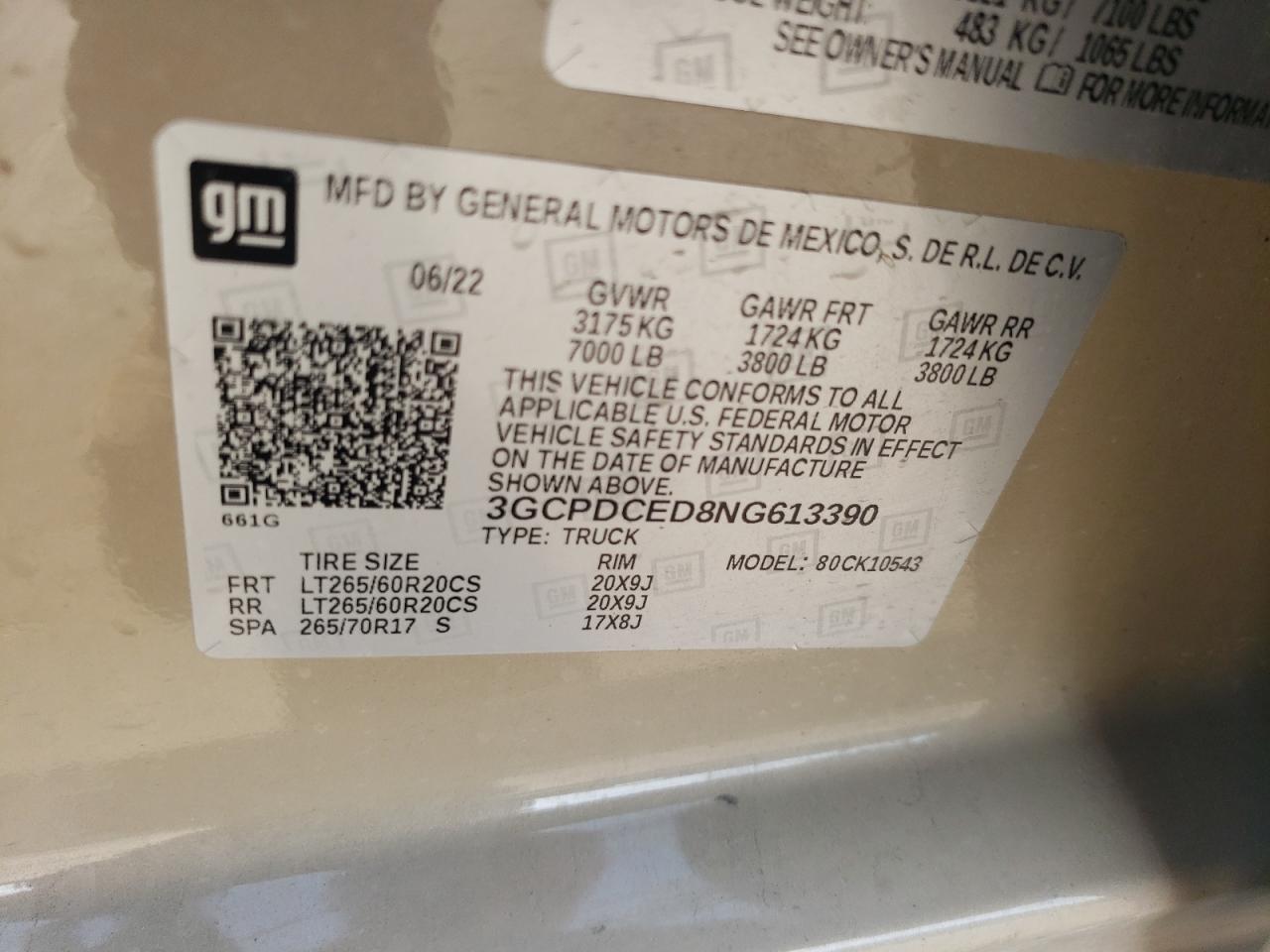 2022 CHEVROLET SILVERADO K1500 TRAIL BOSS CUSTOM VIN:3GCPDCED8NG613390