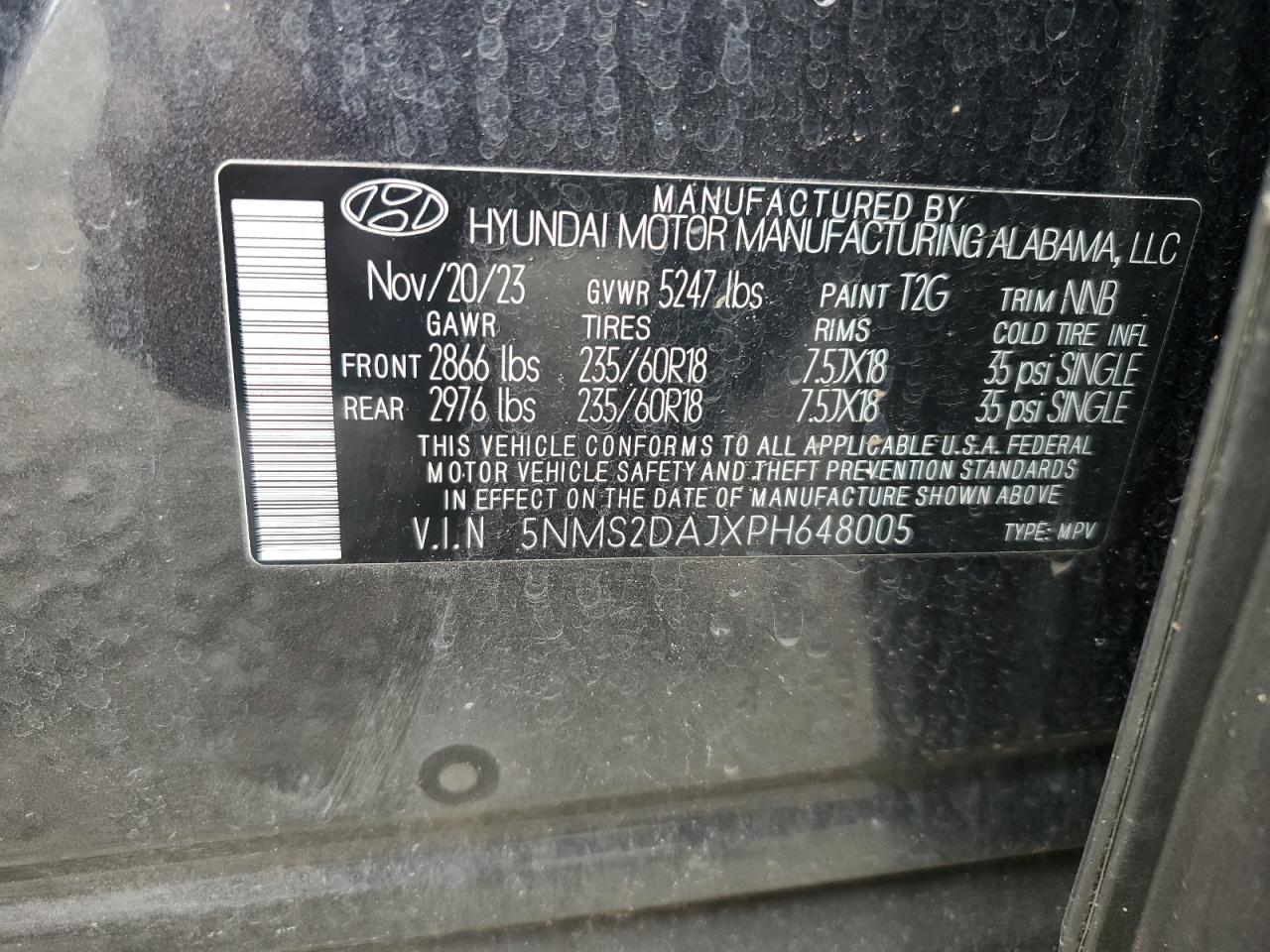 2023 HYUNDAI SANTA FE SEL VIN:5NMS2DAJXPH648005