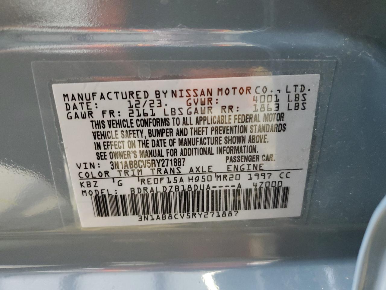 2024 NISSAN SENTRA SV VIN:3N1AB8CV5RY271887