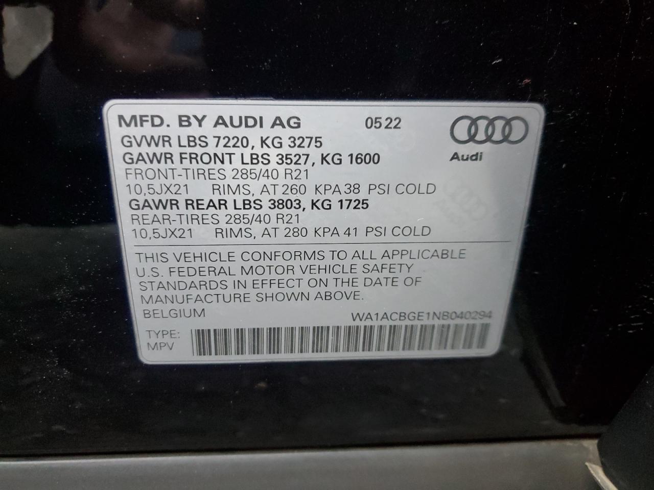 2022 AUDI E-TRON S PREMIUM PLUS VIN:WA1ACBGE1NB040294