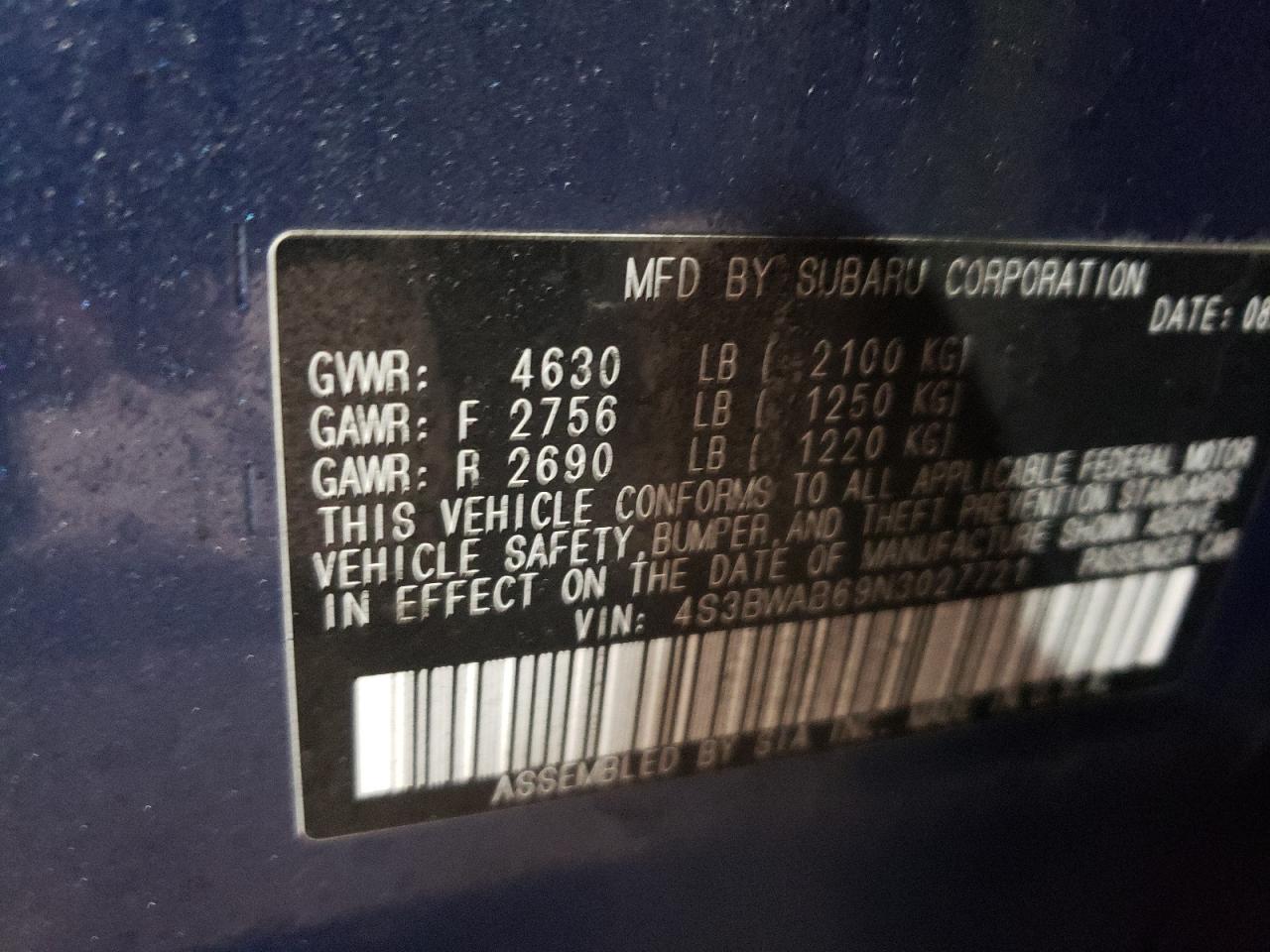 2022 SUBARU LEGACY VIN:4S3BWAB69N3027721