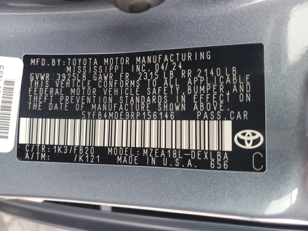2024 TOYOTA COROLLA LE VIN:5YFB4MDE9RP156146
