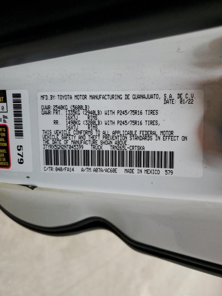 2022 TOYOTA TACOMA ACCESS CAB VIN:3TYRX5GN2NT045399
