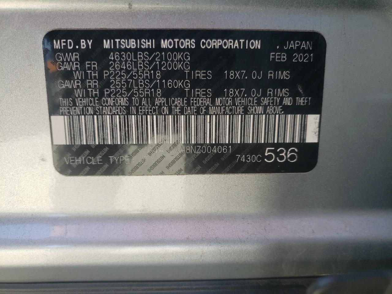 2022 MITSUBISHI ECLIPSE CROSS SE VIN:JA4ASWAA8NZ004061