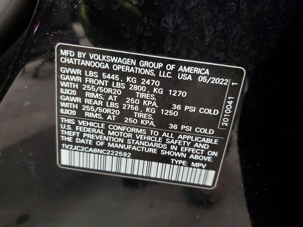 2022 VOLKSWAGEN ATLAS CROSS SPORT SE VIN:1V2JC2CA8NC222592