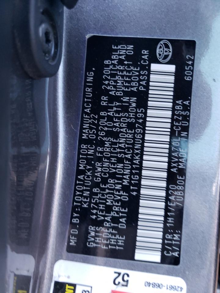 2022 TOYOTA CAMRY SE VIN:4T1G11AKXNU697495