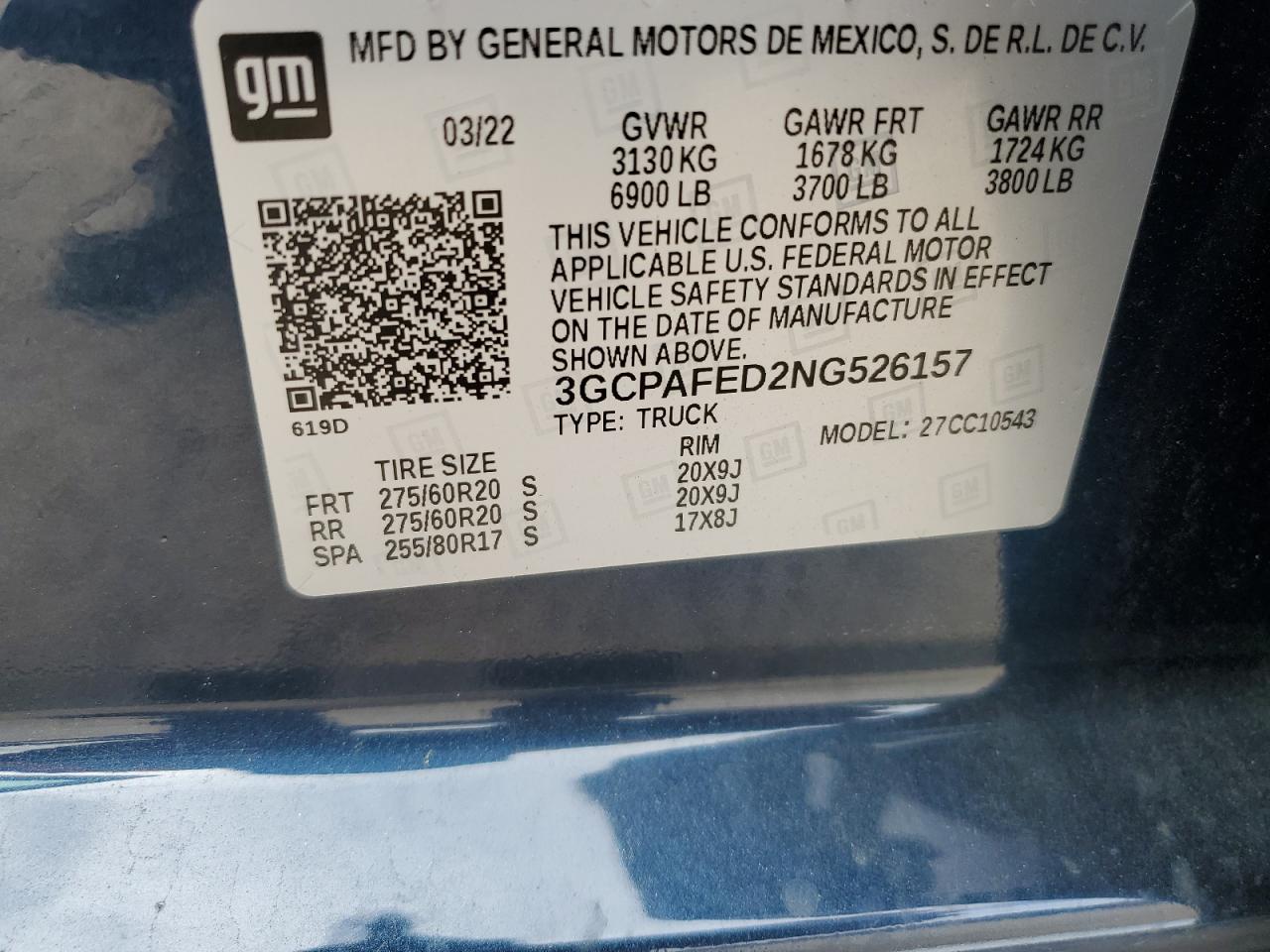 2022 CHEVROLET SILVERADO C1500 HIGH COUNTRY VIN:3GCPAFED2NG526157