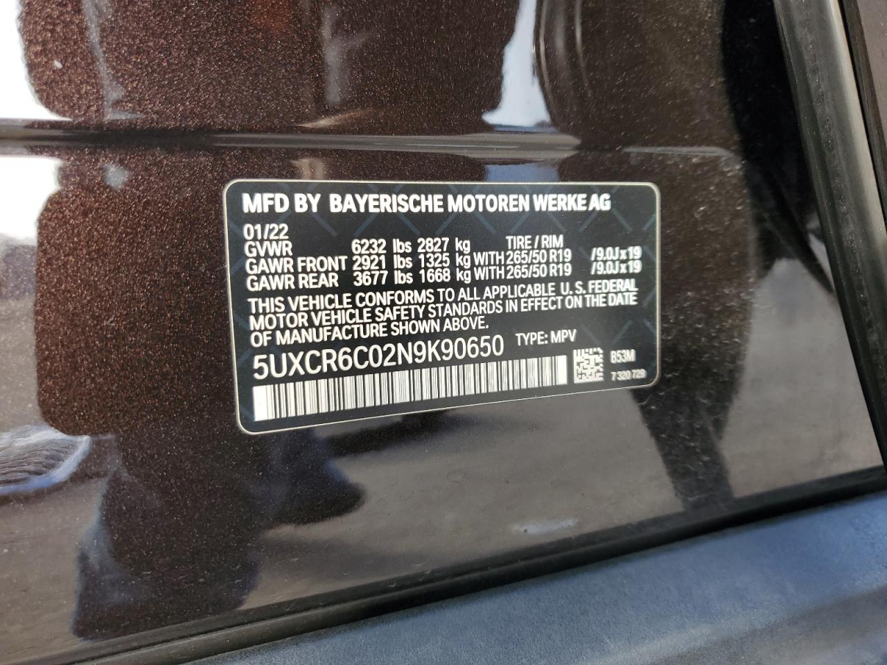 2022 BMW X5 XDRIVE40I VIN:5UXCR6C02N9K90650