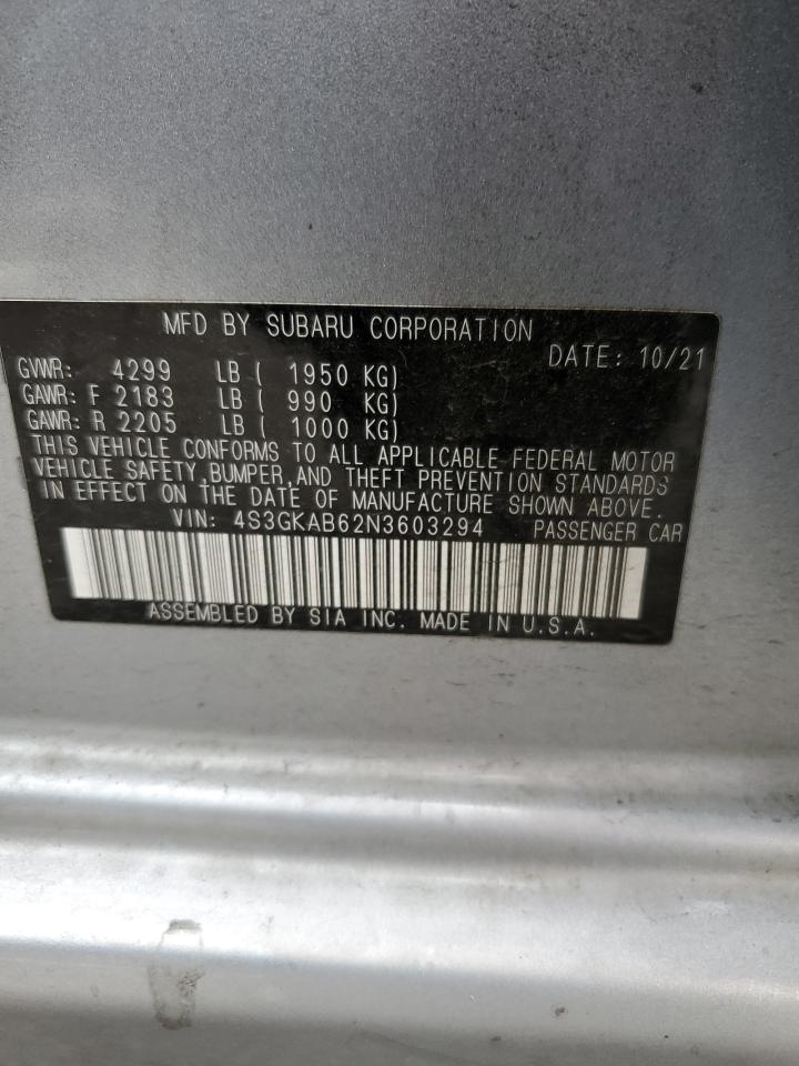 2022 SUBARU IMPREZA VIN:4S3GKAB62N3603294