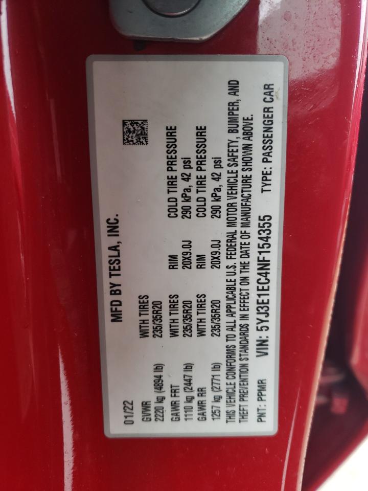 2022 TESLA MODEL 3 VIN:5YJ3E1EC4NF154355