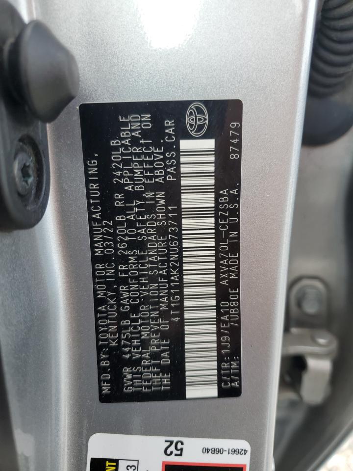 2022 TOYOTA CAMRY SE VIN:4T1G11AK2NU673711