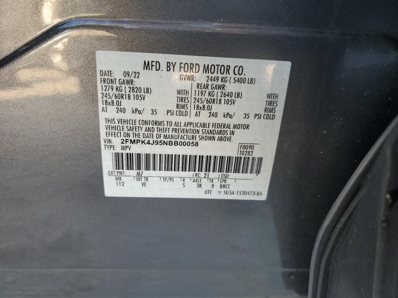 2022 FORD EDGE SEL VIN:2FMPK4J95NBB00058